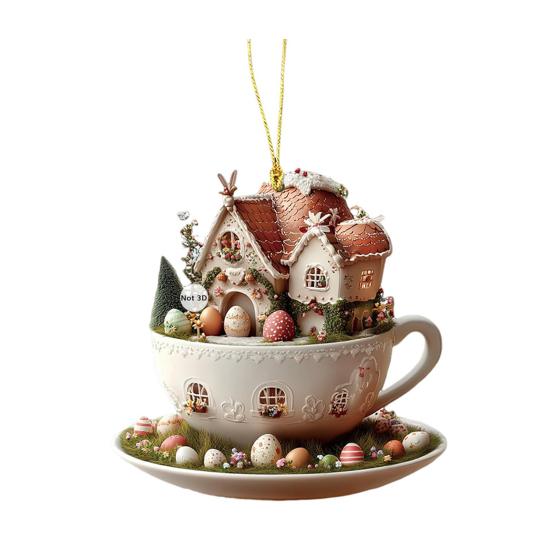 1Pc/5Pcs Easter Coffee Cup House Ornaments Chocolate Mug Bunny House Pendant 2D Acrylic Hot Cocoa Mug Spring Ornament for Holiday Home Decor