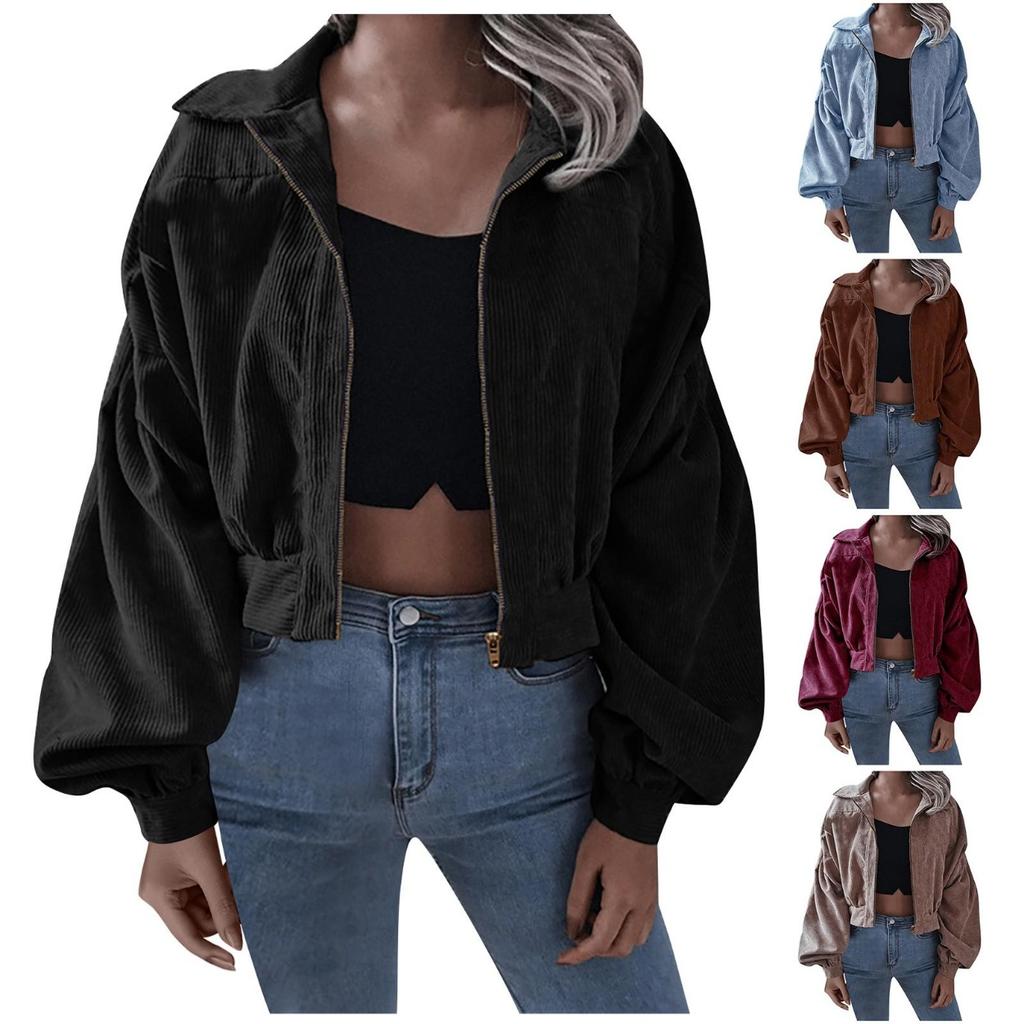 Женская осенне-зимняя вельветовая однотонная куртка на молнии с длинными рукавами и лацканами