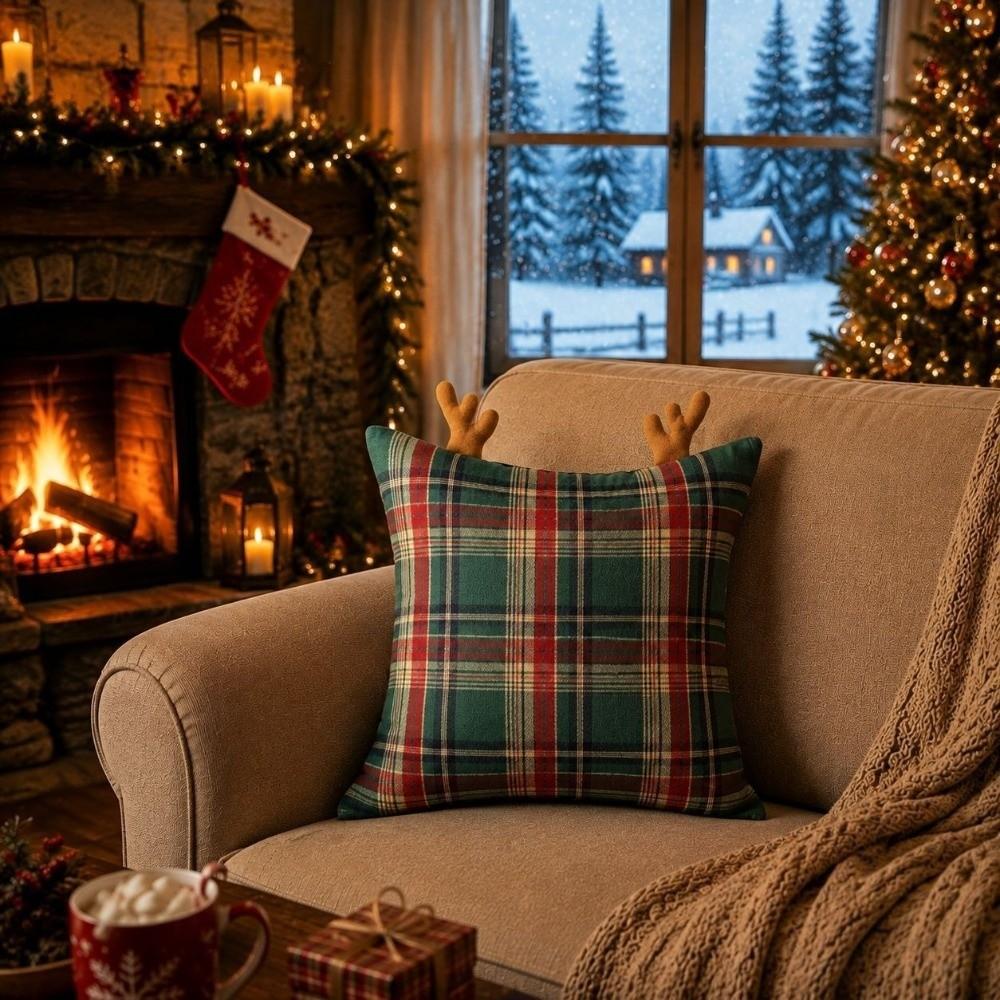 Sofa Home Decor Checkered Antlers Pillow Cover Soft Pillow Case Cushion Cover Christmas Decor