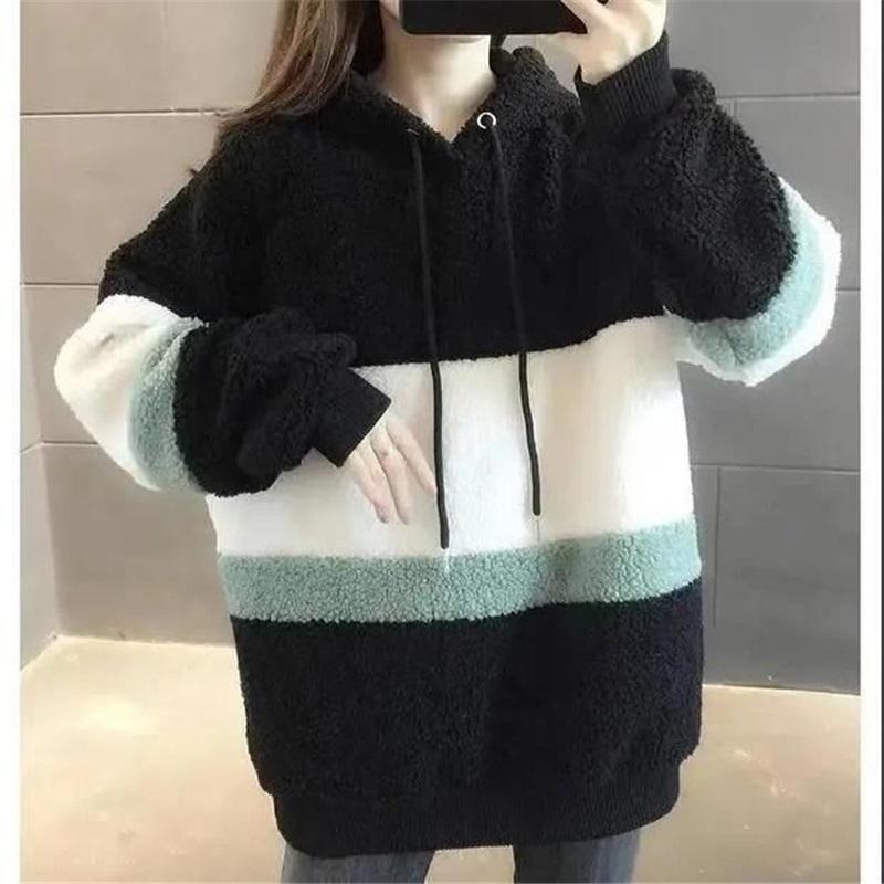 Женское осенне-зимнее свободное и толстое теплое худи из овечьей шерсти с флисом