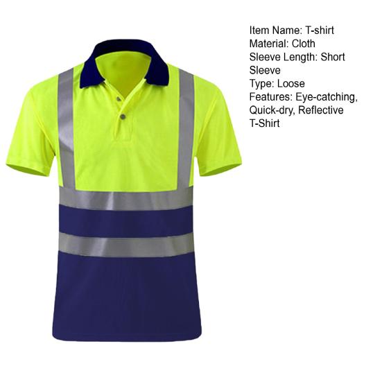 High Visibility Safety T-Shirt Button Lapel Tee Shirt with Reflective Tape Quick-dry Breathable Workwear Security Top for Construction Workers