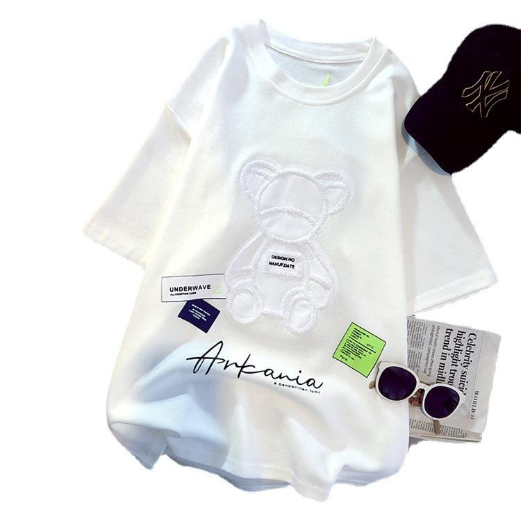 Женские футболки Harajuku, топы больших размеров для девочек, с круглым вырезом и короткими рукавами, свободная летняя футболка с вышивкой, футболка с медведем, футболки