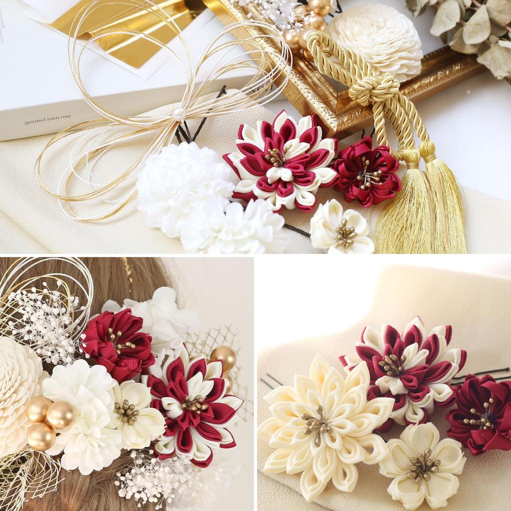Bud Flower Hair Dried and Gold Perfect for and and Japanese Tsumami-Zaiku Ornament, Flowers, Mizuhiki, Leaf, Coming-of-Age Ceremonies, Graduations,