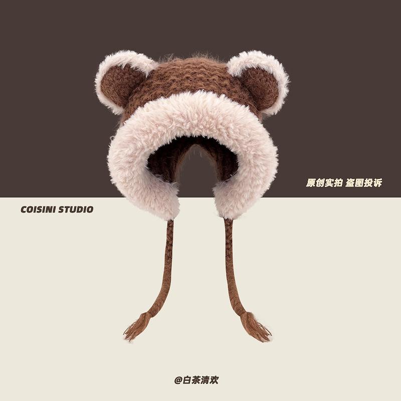 2025 new cute bear ears burr edge knitted wool hat children's warm versatile student ear hat