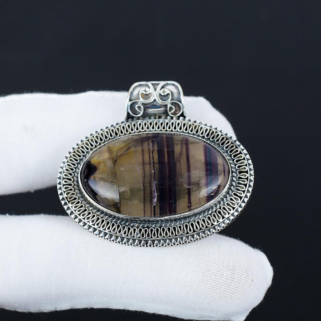 Natural Fluorite Gemstone Silver Pendant in 925 Sterling Silver- Handmade Design, Everyday Wear Jewelry, Antique Pendant Gifts For Mom