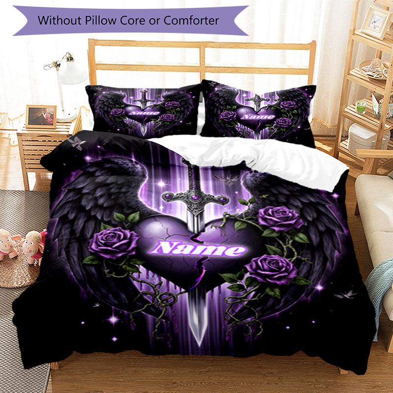 3pcs Custom Name Heart Wings Roses Bedding Set Printed Bedding Set Duvet Cover Closure Includes 1 Duvet Cover & 2 Pillowcases Bedroom Decor
