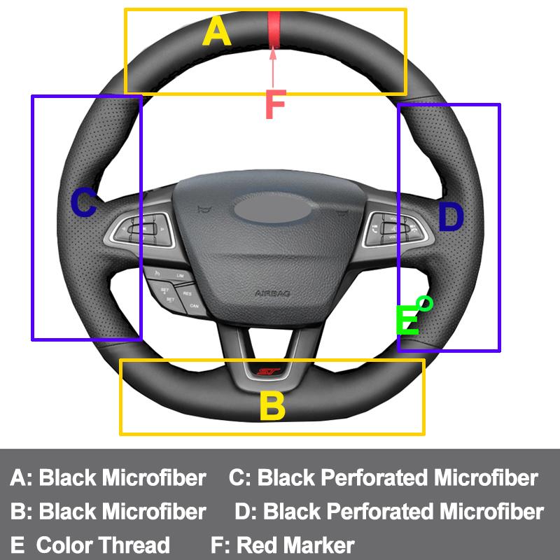 Hand Sewing Car Steering Wheel Cover Wrap For Ford Focus (RS | ST | ST-Line) 2015-2018 Kuga (ST-Line) Ecosport (ST-Line)
