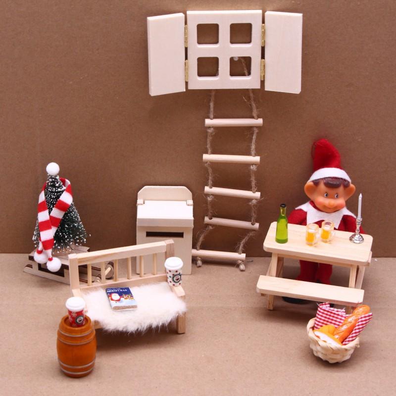 Miniature Wooden Dollhouse Furniture Set BJD Dolls With Openable 4-Pane Windows Climbing Rope Ladder