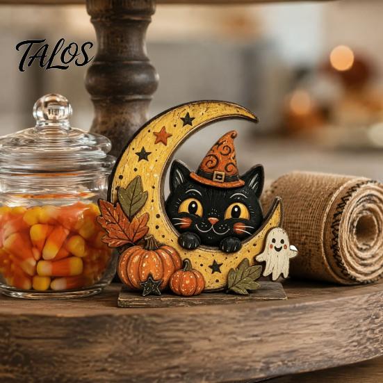 Водонепроницаемые ornaments из массива дерева Хэллоуин Ретро Тыква Колдунья Кошка Призрак Фигурки на Основании в виде Полумесяца, Жуткие Винтажные Осенние Праздничные Принадлежности