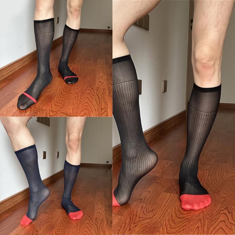 Mens Nylon Sheer Suit Socks Business Dress Socks Contrast Color Striped See Through Formal Dress Over the Calf Stockings