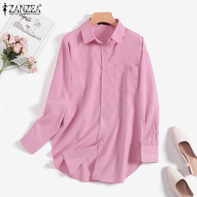 ZANZEA Женская элегантная однотонная свободная блузка на пуговицах с отложным воротником и длинными рукавами