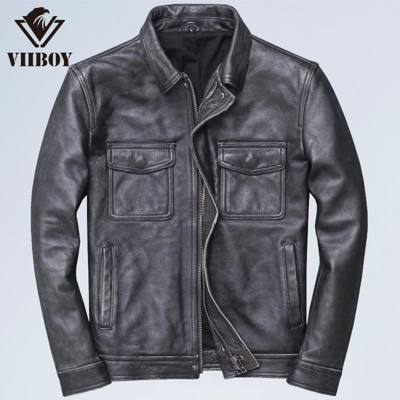 Cowhide pattern lapel locomotive leather jacket is very good for men, leather Ami Kaji casual old retro leather jacket