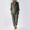 Green Casual Cotton Long Sleeve Jumpsuit with Turn-Down Collar and Pocket