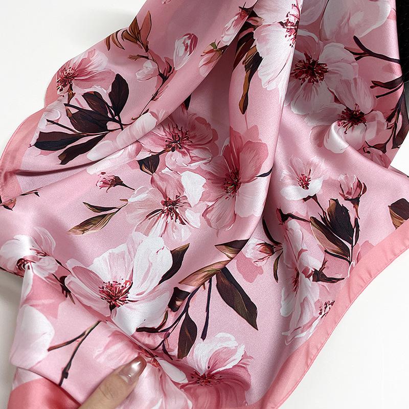 Fresh and literary magnolia flower satin square scarf versatile temperament small silk scarf women's spring and summer new models with small heads