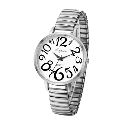 Women's Analog Watch with Large Numerals, Elastic Strap, One Size Fits Most, Simple and Stylish Quartz Watch, Silver, Fashion Accessory, Perfect Gift