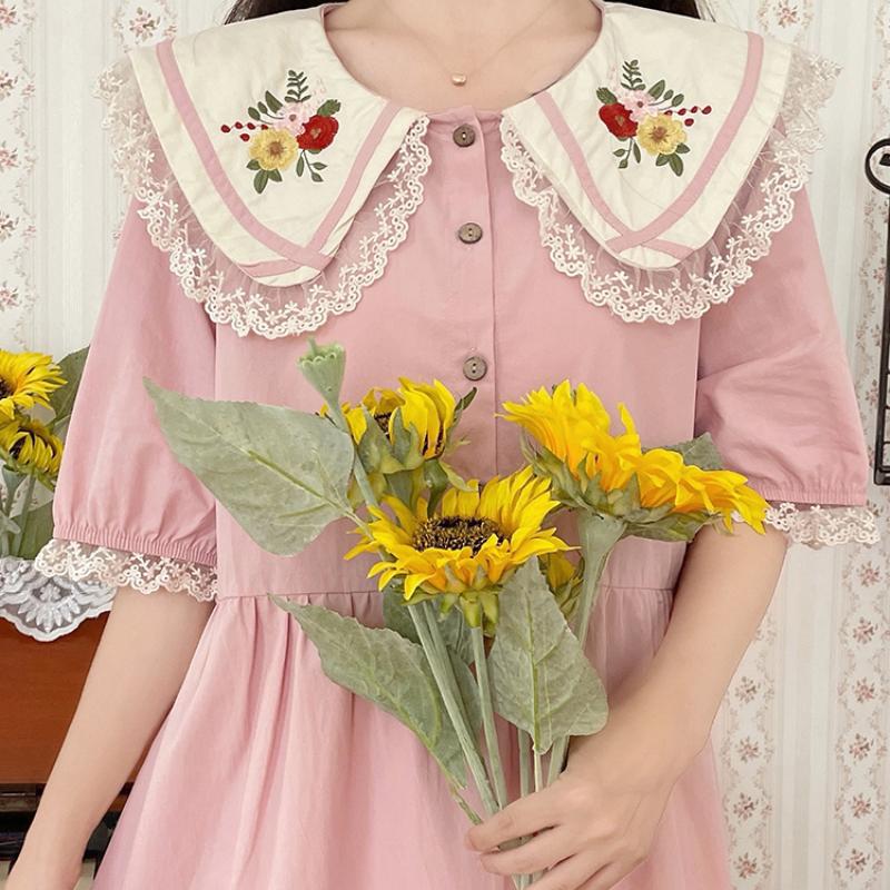Японское летнее женское милое платье Mori Girl с воротником Питера Пэна, розовое, синее платье с цветочной вышивкой, милые платья Kawaii с кружевными оборками