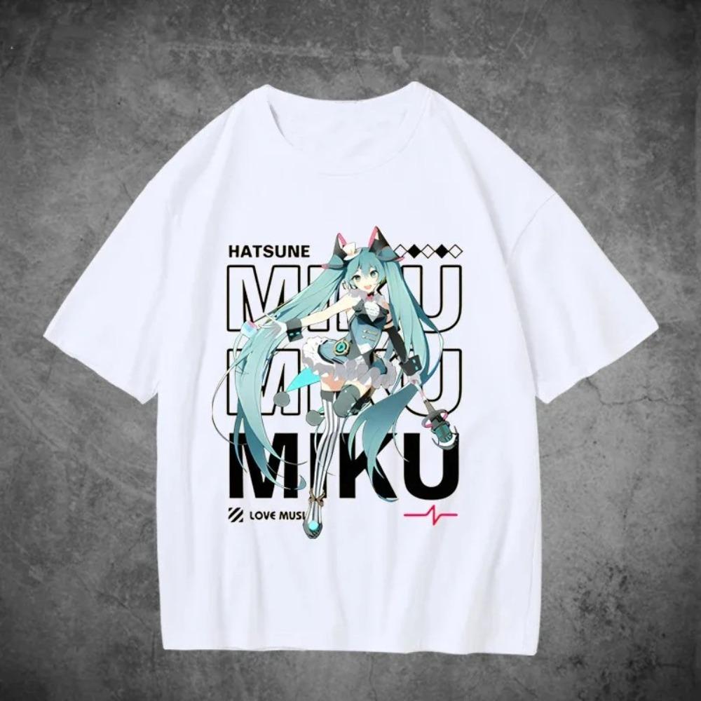 Аниме футболка Hatsune Miku с кошачьими ушками "Love Music", унисекс, уличная одежда с виртуальным певцом, оверсайз, 100% хлопок, повседневная футболка с коротким рукавом