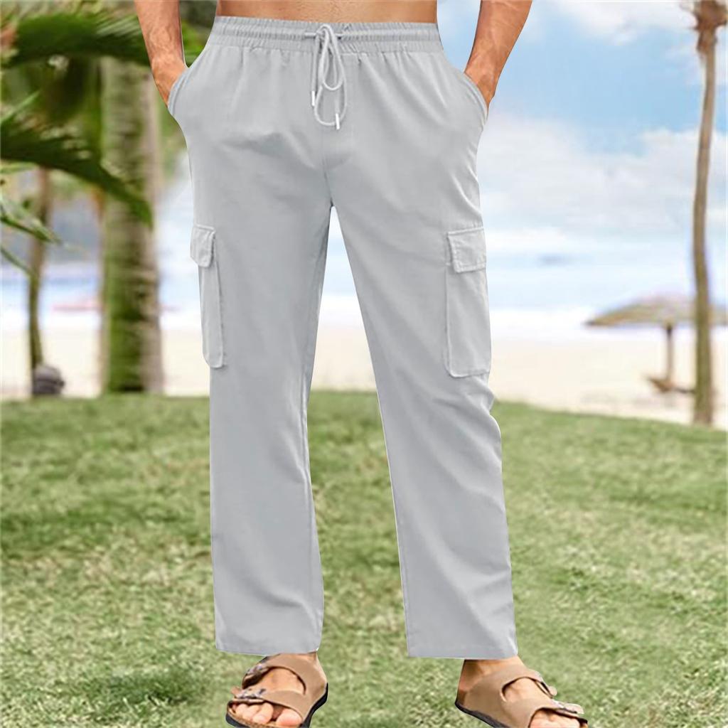 Брюки-карго из хлопка и льна с дышащей эластичной талией и шнурком, мужские повседневные свободные летние пляжные брюки