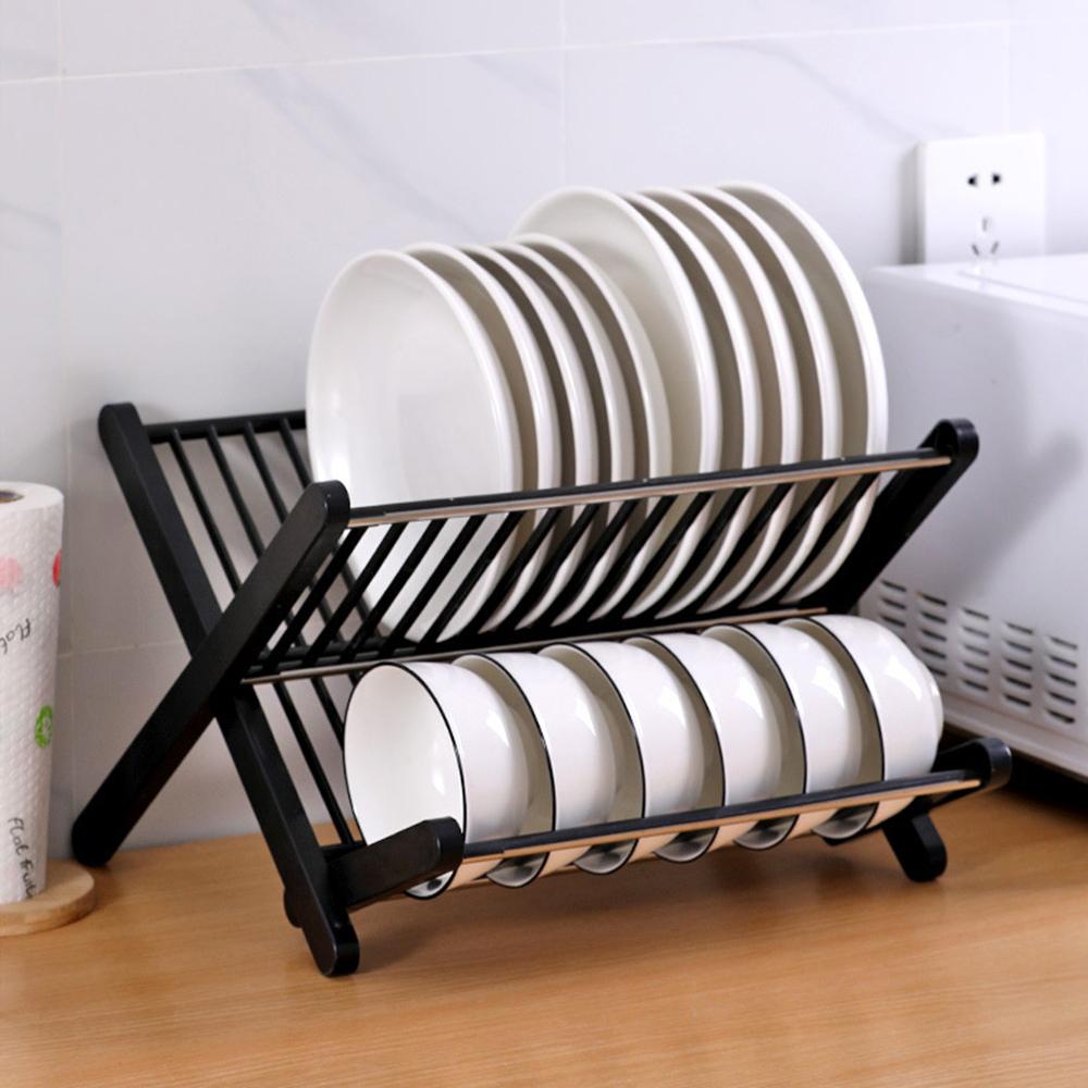 Стеллаж для хранения на кухне, двухуровневый, складной, для слива, вместительная емкость и поднос, многоцелевой, для хранения посуды, миски и подносы