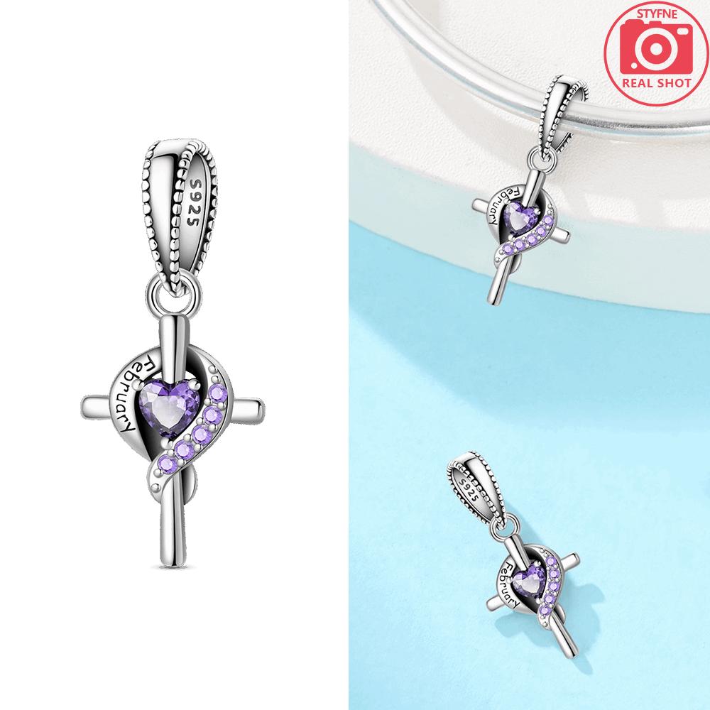 Women Pendant Original Red Zircon Birthstone Blue Gemstone Heart Cross Bead Fit Bracelet Copper Jewelry Accessory Charm Gift