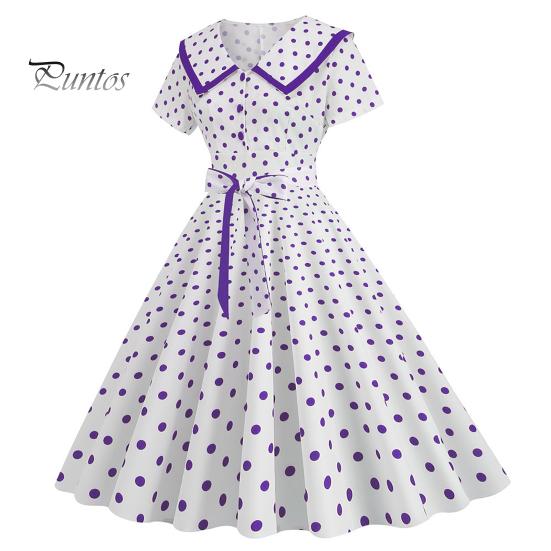 Женское праздничное платье Vinatge, большой подол, контрастный цвет, точечный принт, высокая талия с поясом, молния сзади, короткий рукав, кукольный воротник, 50-е, 60-е годы, выпускной, свадьба, принцесса