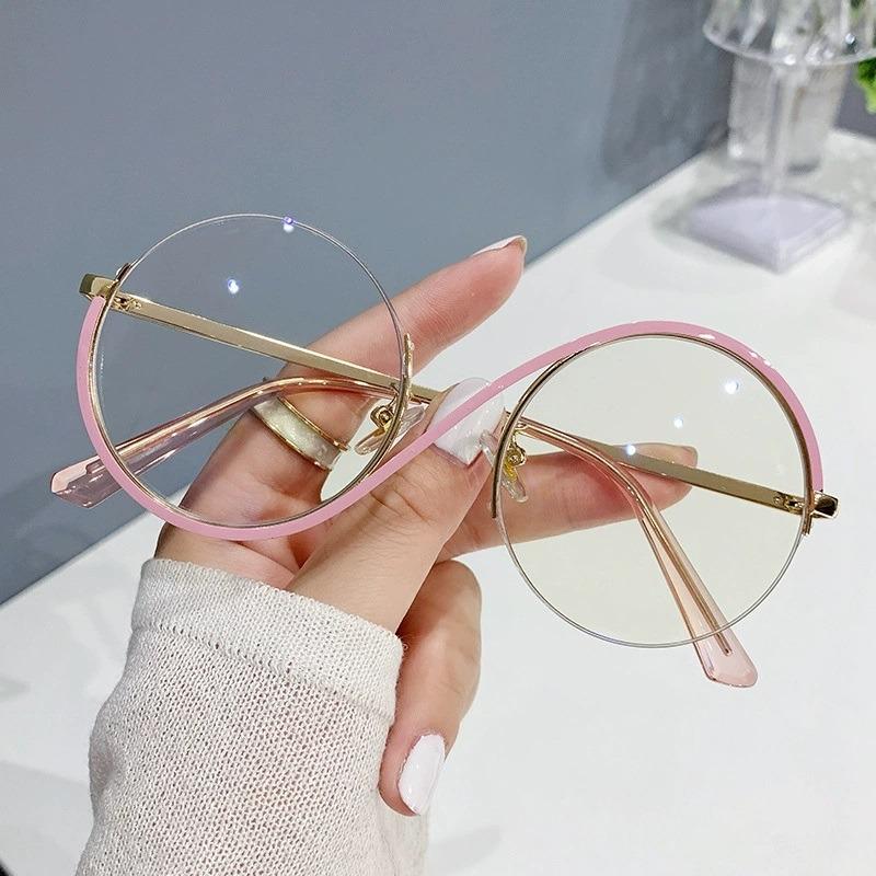 Round Semi-Rimless S Shape Glasses Women Eyeglasses Big Frame Clear Lens Optical Eyewear Men Vintage Anti-Blue Light Computer Eyeglass