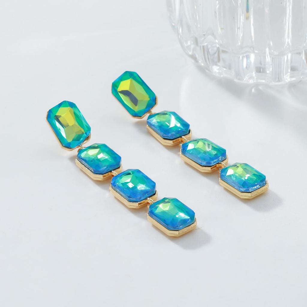 Геометрические многослойные квадратные серьги-подвески с цветными бриллиантами в европейском и американском стиле