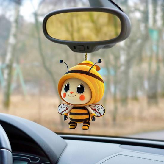 Cartoon Bee Pendant Double-Sided Print Acrylic Craft Handmade Cute Yellow Bee Christmas Tree Ornament for Home Office Car Wall Decoration