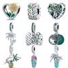 Серебро 925 пробы Медь Летний стиль Подвеска Кокосовая пальма Зеленый лист Блестящая бусина-клипса Подходит для оригинального браслета-шарма Pantaro DIY Циркон
