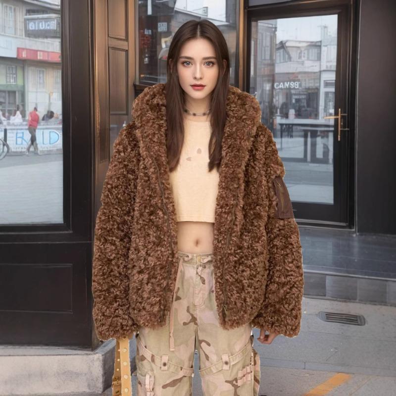 Lamb Wool Coat Women's New Winter Hooded Medium and Long Thickened Loose High-end Fur Fur Coat