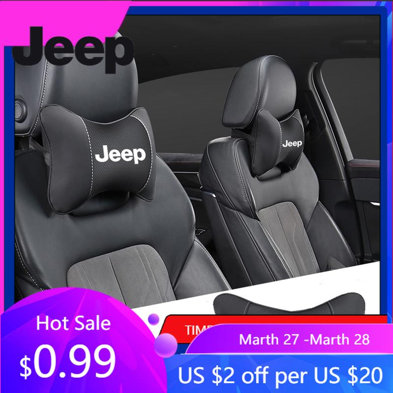 For Jeep Car Seat Neck Pillow Leather Headrest Lumbar Waist Support For Jeep Grand Cherokee Wrangler JK Gladiator Compass Ren