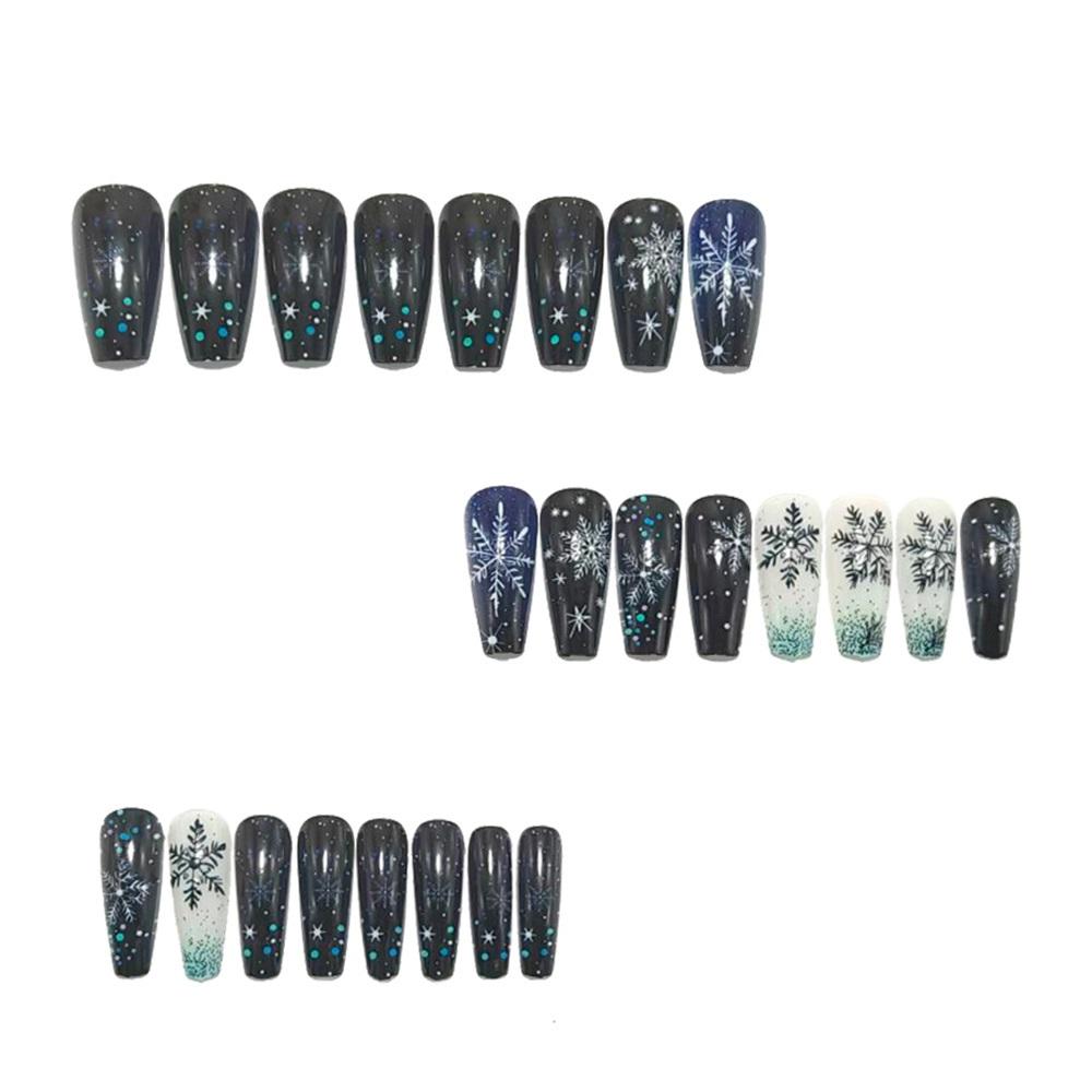 Christmas Long Winter Snowflake Wear Nails Black Blue And White Gradient Glitter Nail Art Patches Fake Nail Patches