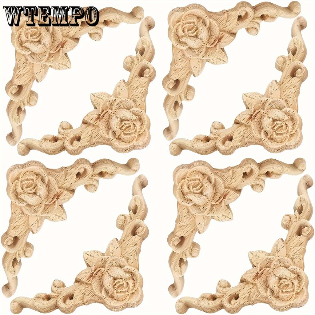 8pcs Carved Wood Appliques for Furniture, French-Style Floral Corner Woodcarvings, Unpainted Solid Wood Decorative Rosettes