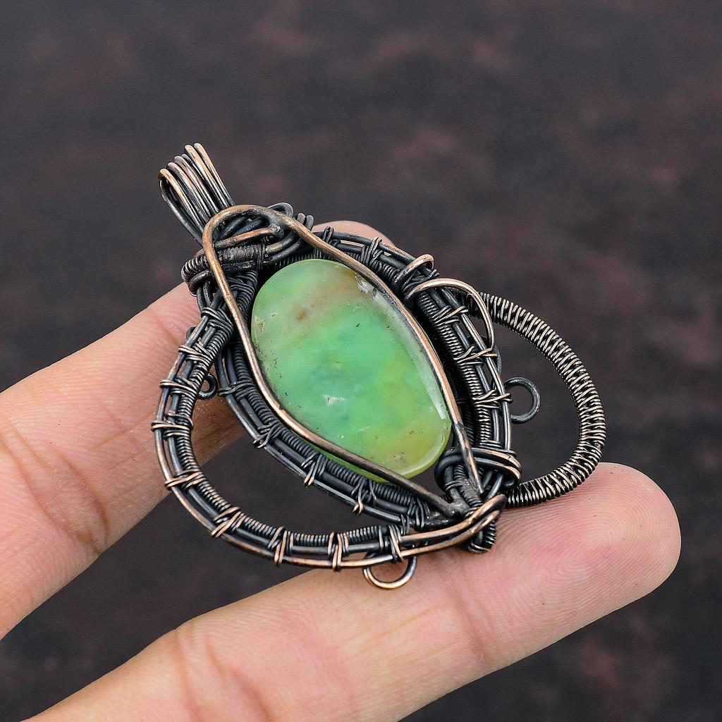 Подвеска из хризопраза, подвеска из драгоценного камня, подвеска из медной проволоки, антикварная медная бижутерия, подвеска ручной работы, ювелирное изделие из проволоки, подарок на День матери