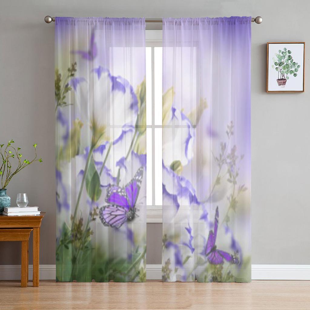 Roses And Butterfly Floral Flower Purple Tulle Sheer Curtains for Living Room Bedroom Kitchen Decoration Voile Organza Curtains