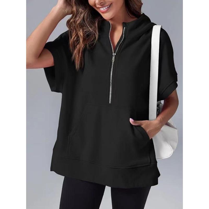 Женская весенняя новая однотонная повседневная толстовка с коротким рукавом и капюшоном