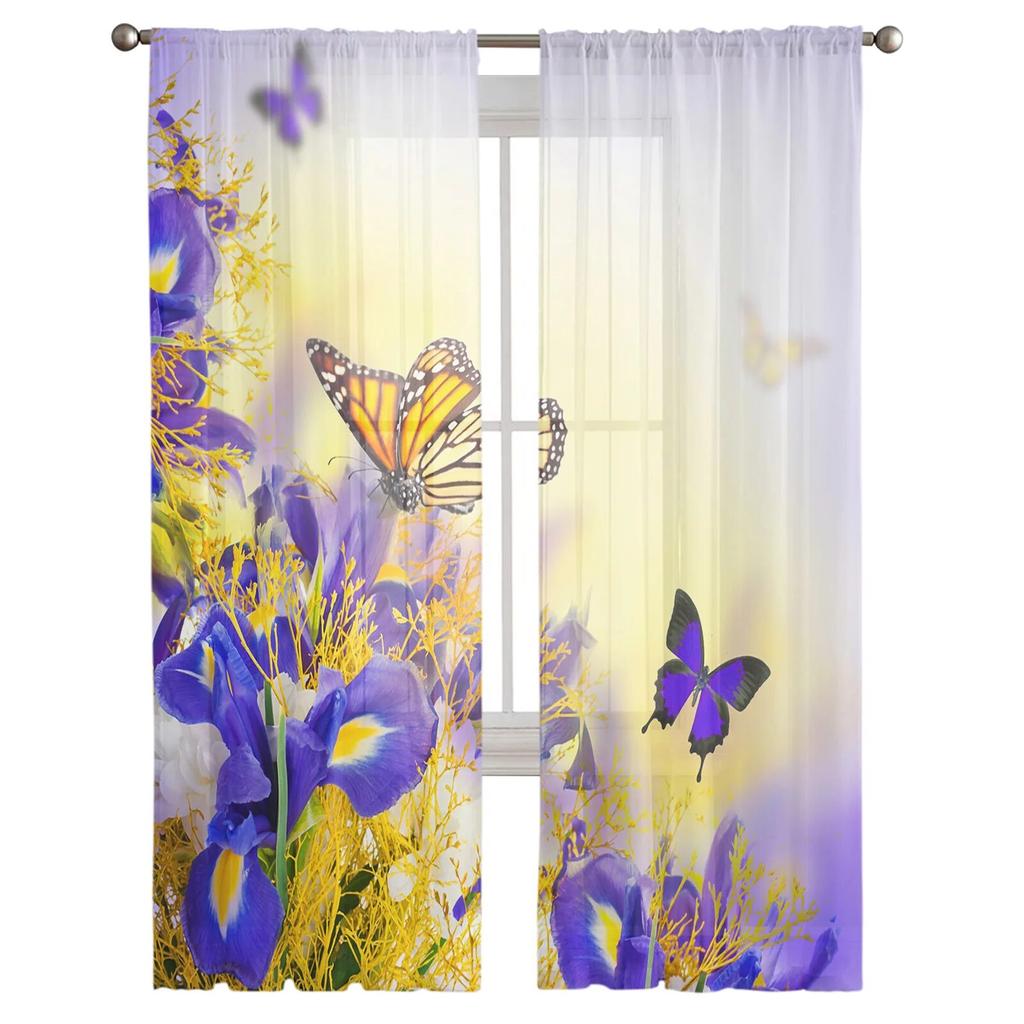 Iris Butterfly Spring Tulle Curtains for Bedroom Hall Living Room Decor Chiffon Curtain for Balcony Kitchen Home Drapes