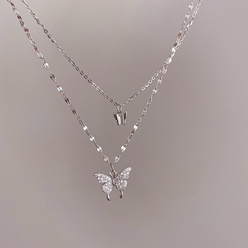 925 Sterling Silver Clavicle Chain Crystal Butterfly Charm Pendant Choker Necklace For Women Girls Statement Jewelry Dz788