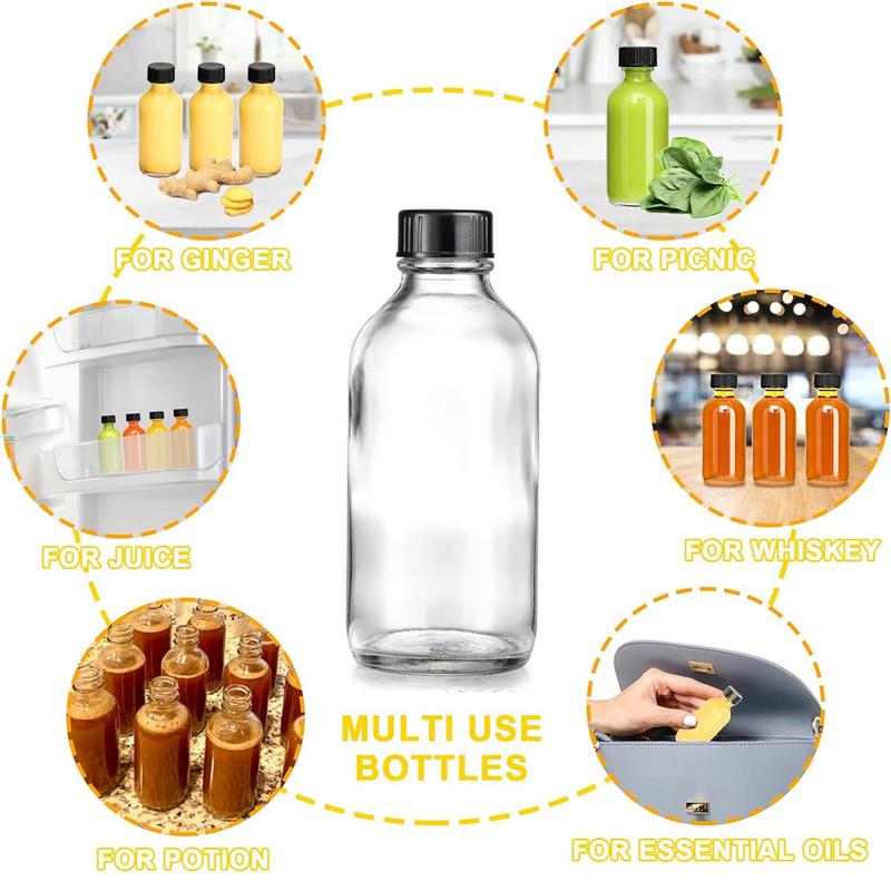 4 oz Small Clear Glass Bottles with Lids, 120ml Boston Round Sample Bottles for Ginger Shots Juice Potion Whiskey Liquor, 6pcs
