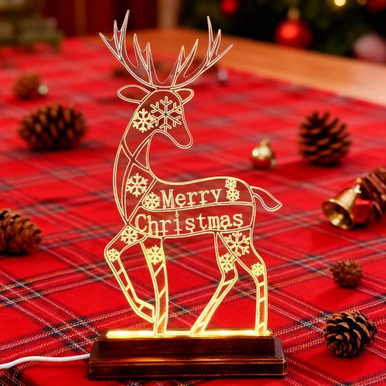 Metal Lighted Christmas Deer Decoration Light Up Reindeer Figurine with Wooden Base for Indoor Outdoor