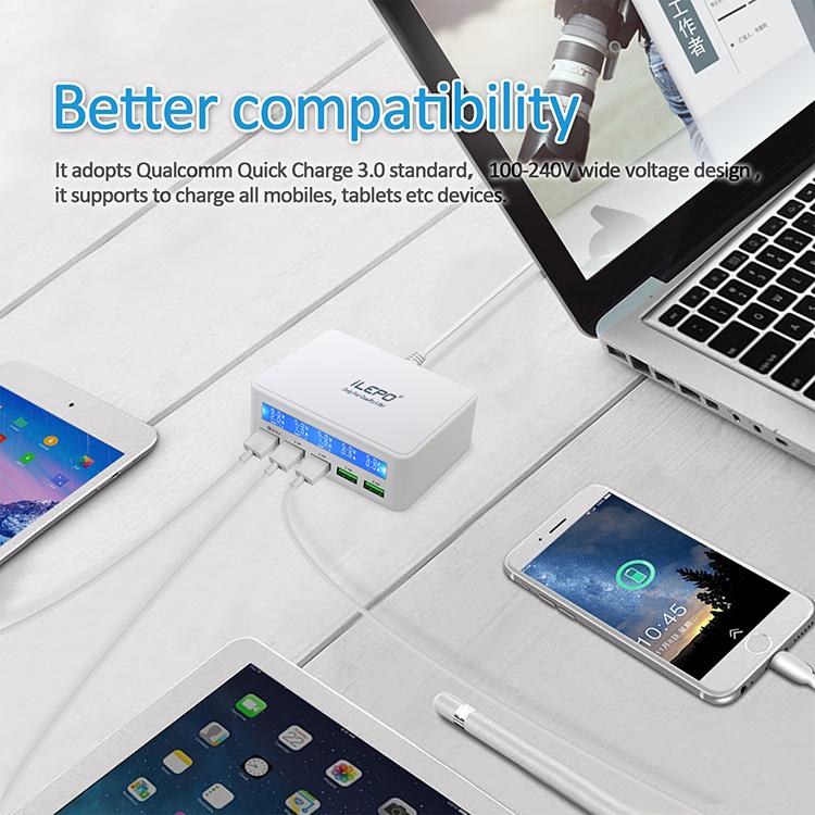 Зарядная станция USB мощностью 50 Вт. Многопортовое зарядное устройство USB-концентратора. Зарядное устройство USB QC 3.0 с ЖК-дисплеем. 5 портов USB.