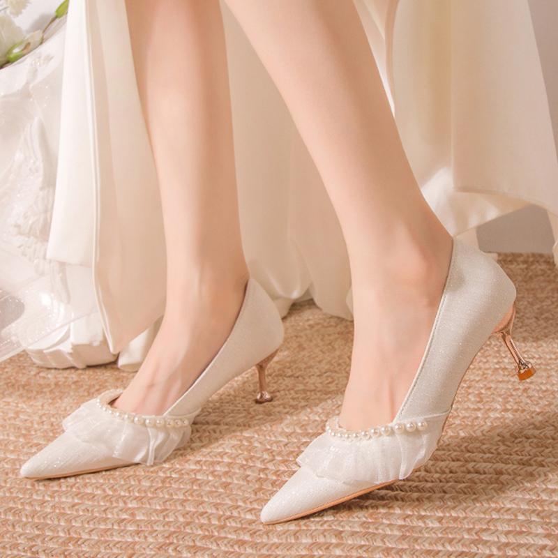 Модные туфли на свадьбу с жемчужным кружевом для женщин 2024 года, осенние туфли-лодочки с острым носком, женские элегантные туфли на шпильках с блестками