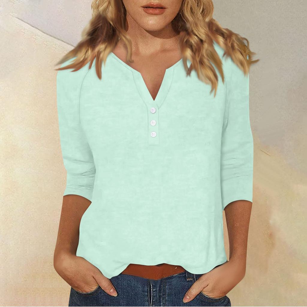 Women's T Shirt Tee Print Button 3/4 Sleeve Daily Weekend Fashion Basic V- Neck Regular Top