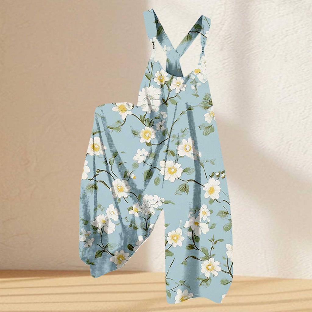 Женский комбинезон с цветочным принтом, повседневный свободный комбинезон из хлопка и льна