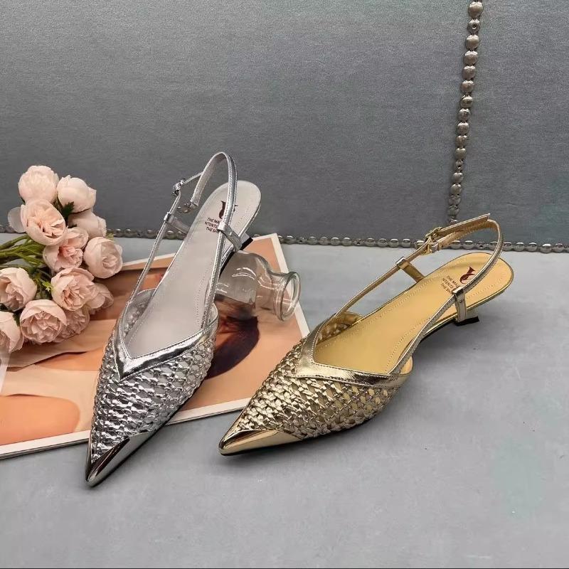 Мода 2025 Лето Острый каблук-рюмочка Дышащие Плетеные вручную Золотые и Серебряные Французские Сандалии для Женщин