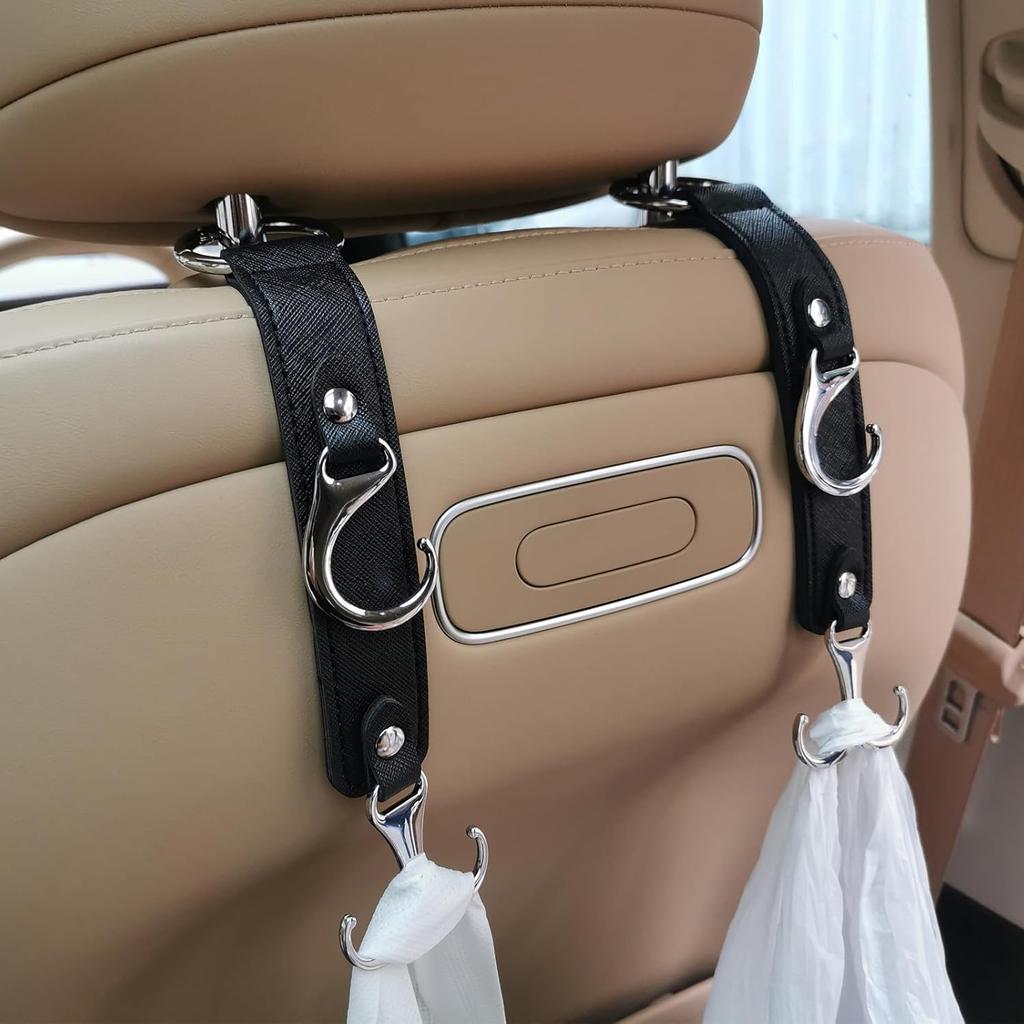 Headrest Hooks For Car Back Seat Organizer Black Faux Leather Hanger Holder Hook, For Hanging Purses And Bags And Coats Grocery Bag Umbrellas Handbag