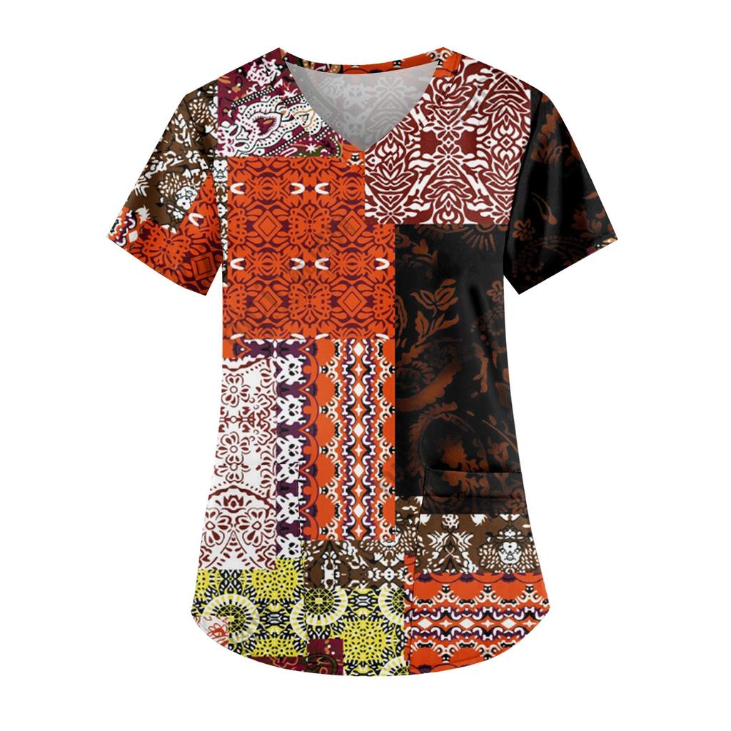 Plus Size Printed Scrub Working Uniform Tops For Women's V-Neck Short Sleeve Fun T-Shirts Workwear Tee With Pockets