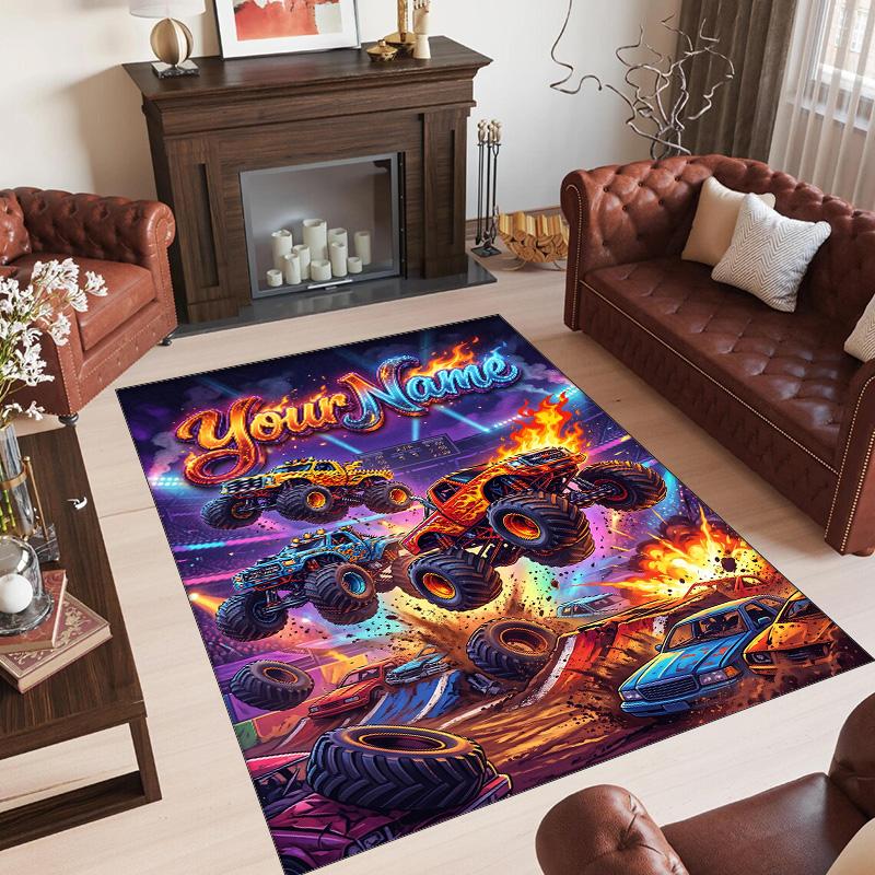 Monster Truck Theme Crystal Velvet Rug Personalized Custom Name Text Soft Floor Mat Home Decor