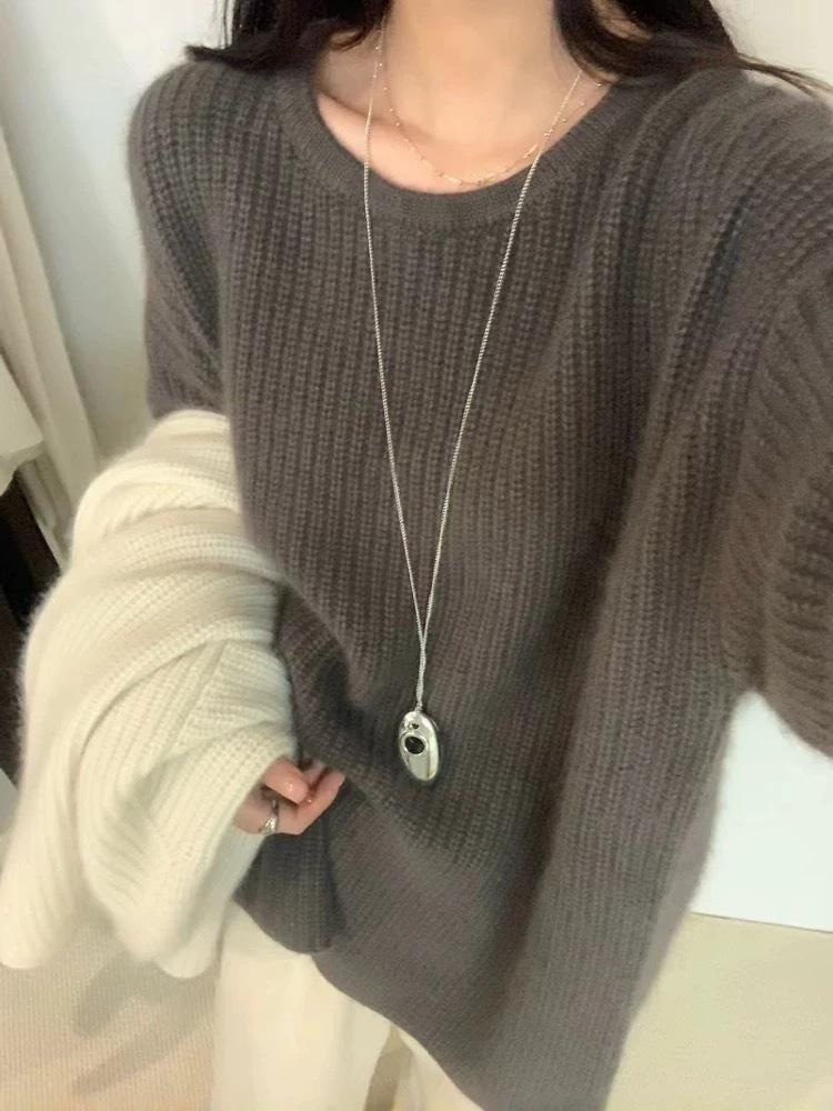 Женский свитер с французским круглым вырезом - Осень/Зима, Свободный крой, Мягкая вязка, Ленивый стиль, Толстый дизайн