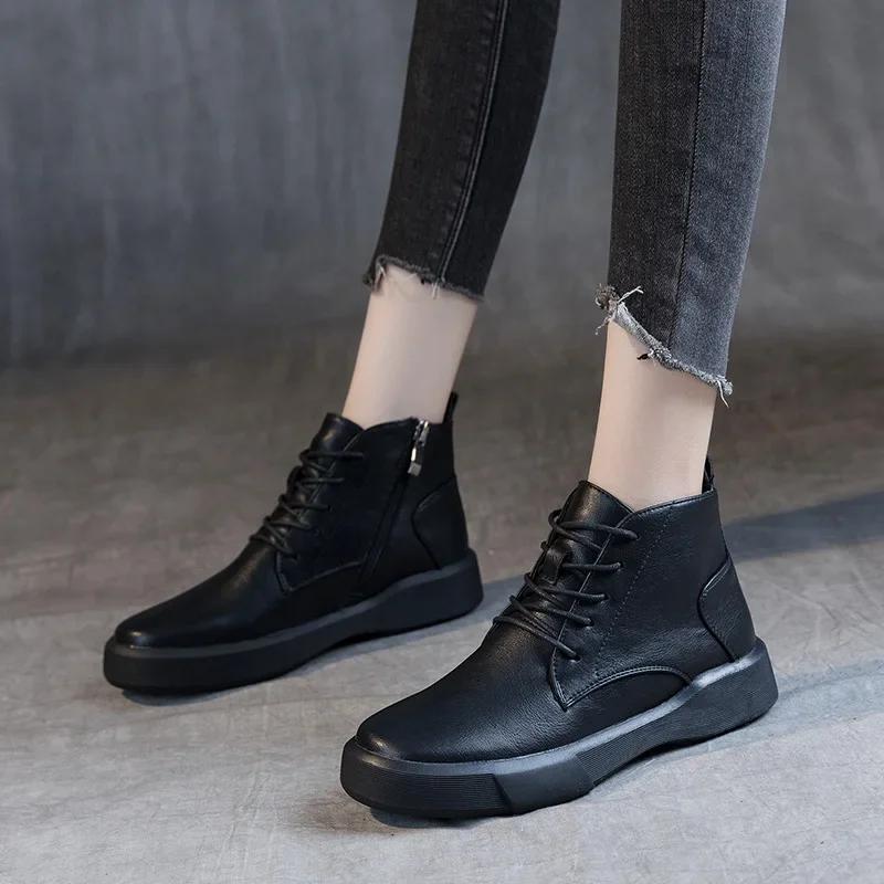 Новые большие женские осенние ботинки на плоской подошве в стиле ретро, короткие ботинки в британском стиле, повседневные плюшевые зимние женские